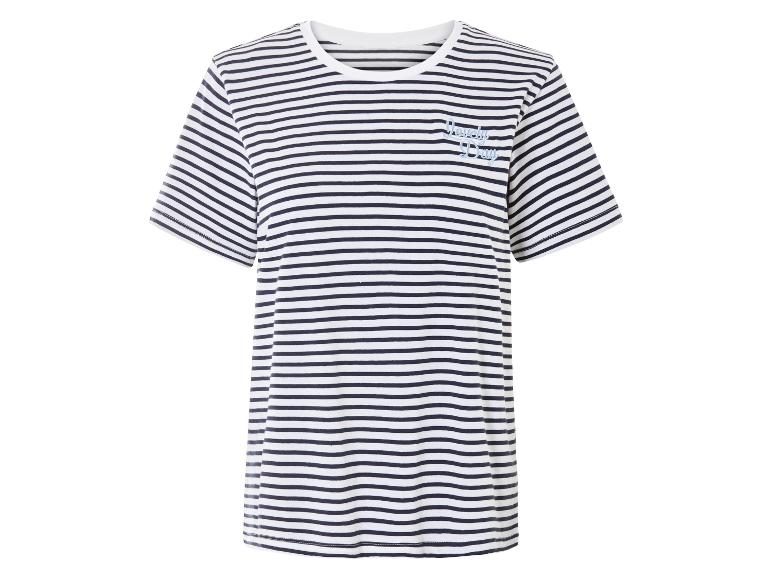 Een gestreept wit en donkerblauw t-shirt met de tekst 'Lovely Day'