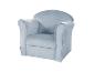Lichtblauwe fluwelen kinderfauteuil met gebogen rugleuning en opgerolde armleuningen