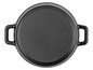 Een gietijzeren braadpan met twee handvatten.