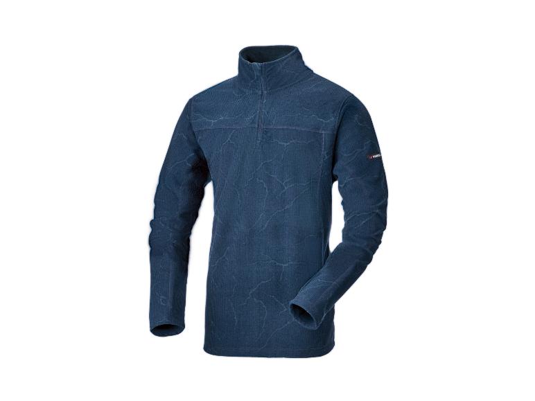 Blauwe heren fleece trui met halve rits en blikseminslagpatroon