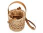 Sac seau en paille avec anse et bandoulière en cuir marron, doublure intérieure en tissu.