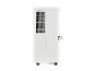 Witte luchtontvochtiger met wielen en ventilatierooster, zijaanzicht.