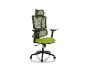 Groene bureaustoel met hoofdsteun en rugleuning van mesh.