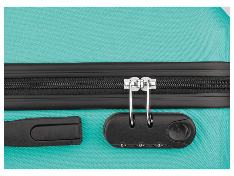Een turquoise koffer met een combinatie slot en ritssluiting.
