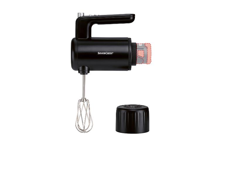 Zwarte SilverCrest staafmixer met garde en deksel.