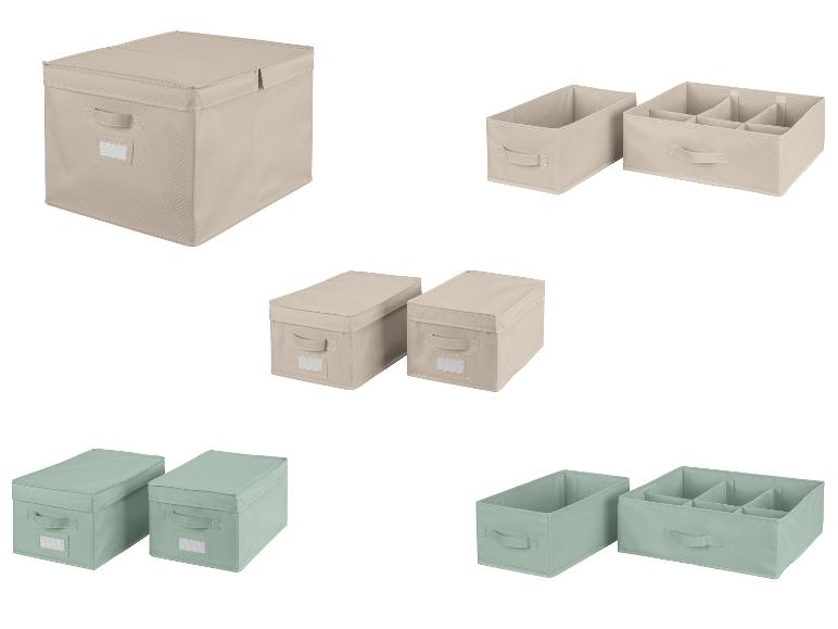Boîtes de rangement beiges et vertes avec couvercles et séparateurs pour tiroirs.