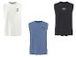 Drie mouwloze T-shirts in wit, blauw en zwart met zomerse prints.