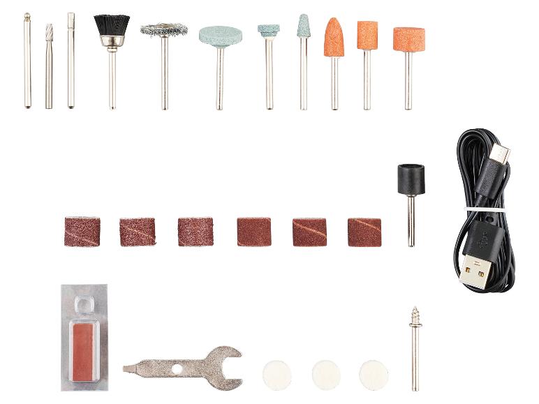 Accessoireset voor roterende gereedschappen, inclusief boren, borstels, slijpstenen, schuurbanden en USB-kabel.
