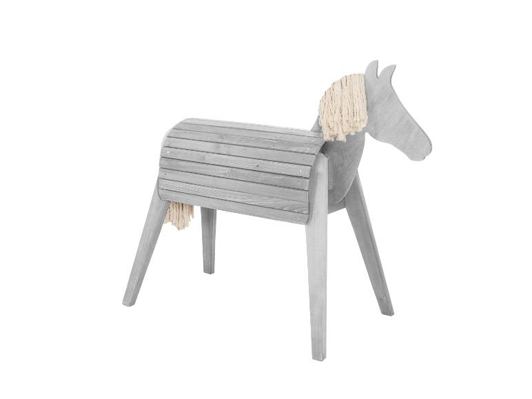 Grijs houten paard met lichte manen en staart, voor kinderen.
