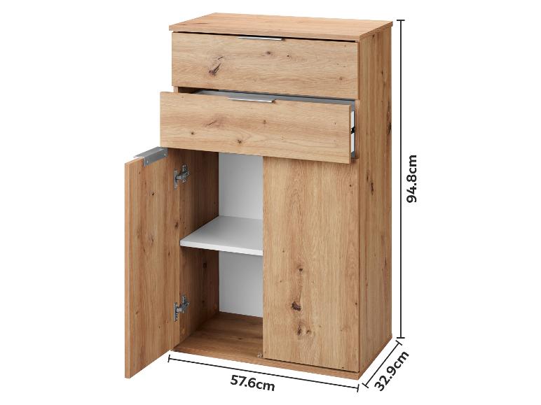 Meuble effet bois clair avec deux tiroirs et une armoire avec étagère réglable, dimensions 94.8x57.6x32.9cm.