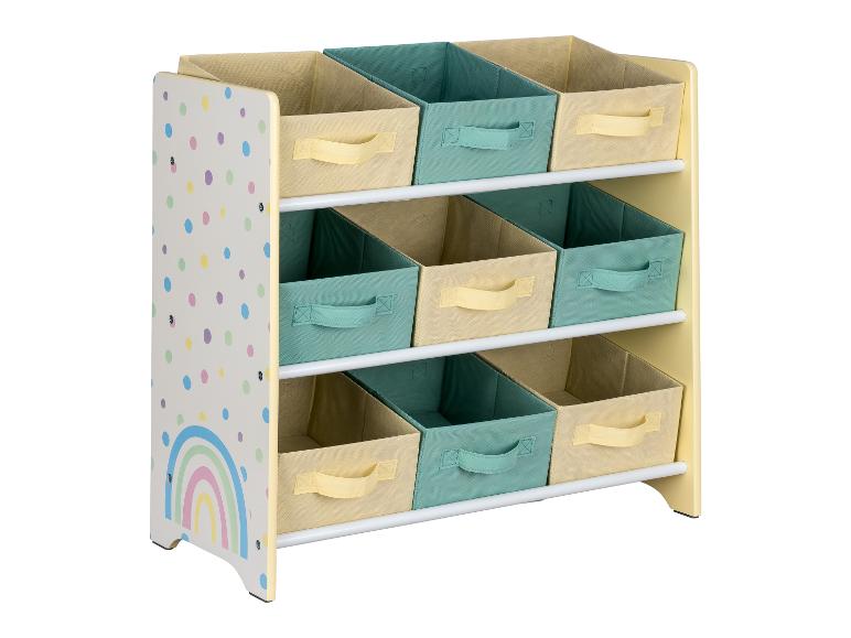 Een opbergkast met zes opbergbakken, met een regenboogdesign en stippen.