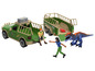 Un ensemble de jouets avec une jeep verte, une remorque et un dinosaure bleu.