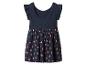 Donkerblauwe babyjurk met ruchesmouwtjes en een aardbeienprint op de rok.