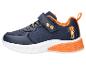 Baskets bleues pour enfants avec détails orange et un lion de dessin animé