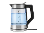 Glazen waterkoker met roestvrijstalen basis en blauw verlicht water.
