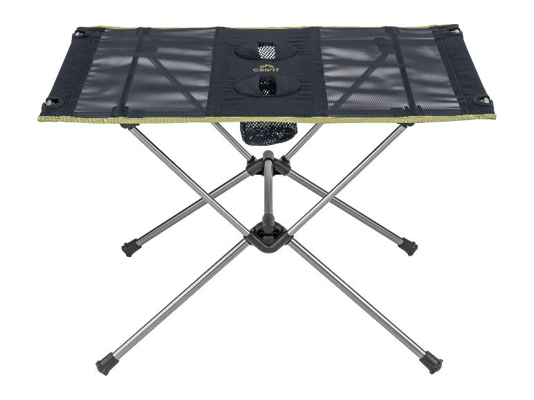 Table de camping pliable avec surface en maille noire et pieds métalliques.