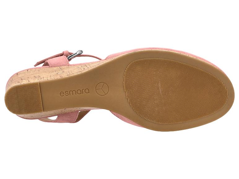 Roze sleehak sandalen met een kurken zool en een rubberen buitenzool.
