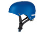 Un casque de vélo bleu avec une bande réfléchissante blanche