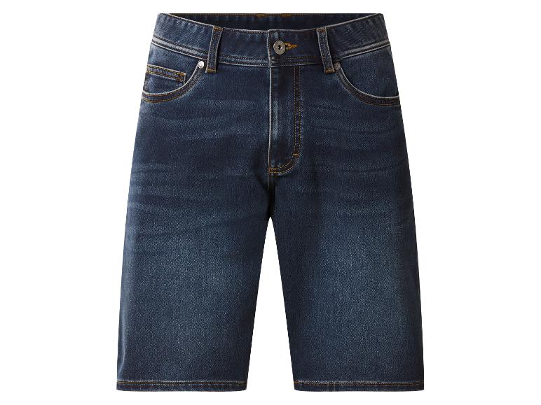 Donkerblauwe denim shorts met oranje stiksels en metalen details.