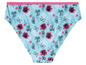 Slip de bikini bleu avec des fleurs roses et des grenouilles.