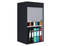 Une armoire métallique noire avec un volet roulant, remplie de classeurs et de livres.