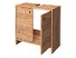 Meuble sous-vasque en bois clair avec étagère ouverte et porte.