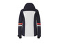 Een donkerblauwe jas met capuchon, witte accenten en een rode streep.
