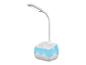 Lampe de bureau blanche avec base bleue.