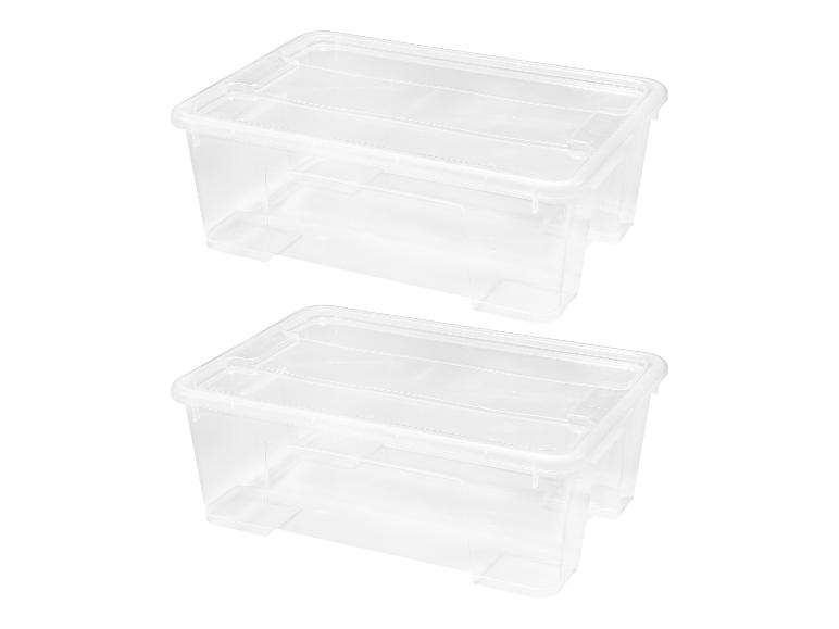 Twee transparante plastic opbergdozen met deksels.