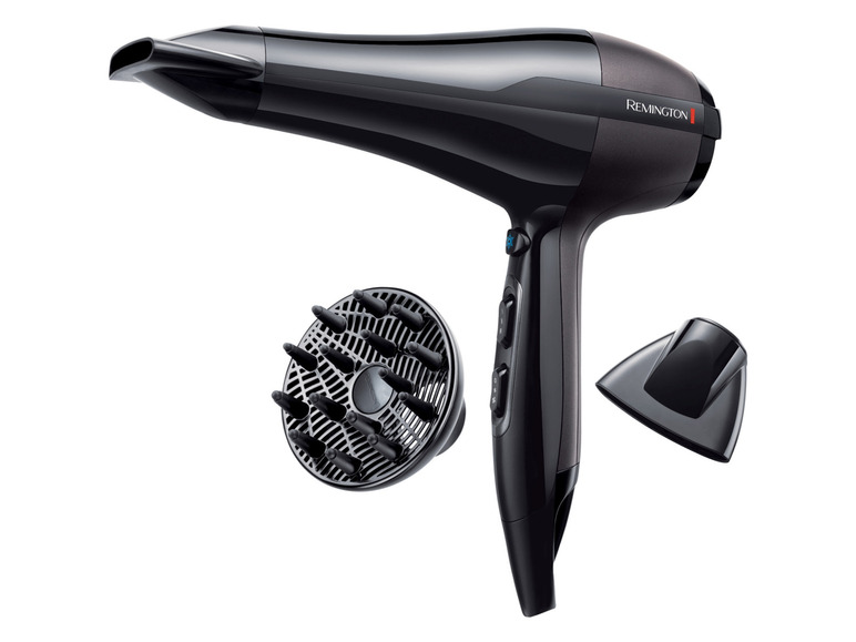 Un sèche-cheveux Remington noir avec un diffuseur et un concentrateur.