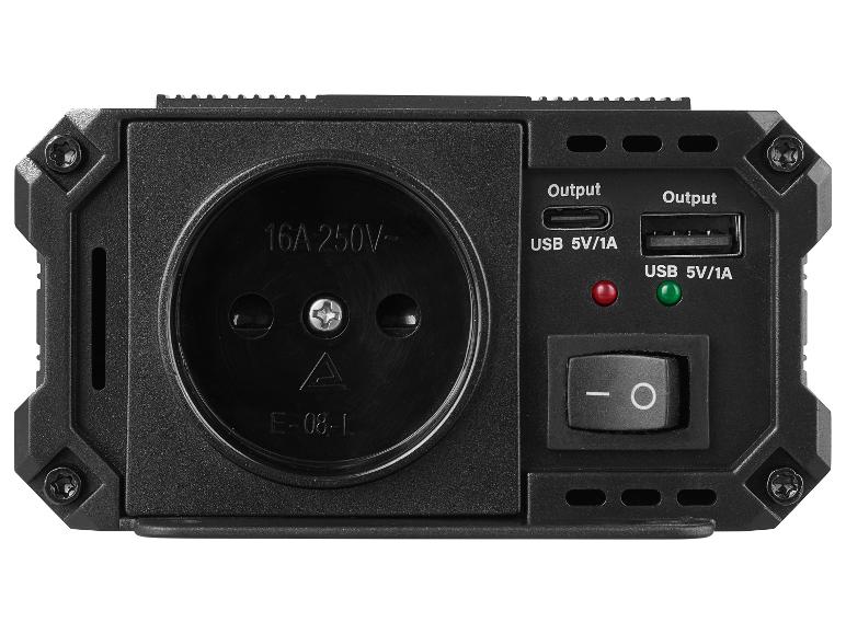 Inverseur de courant avec prise secteur, ports USB et interrupteur.