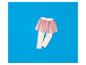 Jupe tutu rose pour petite fille avec imprimé arc-en-ciel sur legging crème sur fond bleu.