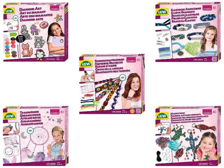 Diverse creatieve sets van Lena met diamanten kunst, armbandjes, armbandjes en sleutelhangers.