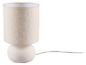 Tafellamp met witte bolvormige voet en beige cilindrische stoffen kap.