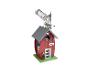 Rood en grijs vogelhuisje met twee pimpelmezen en een berkenboomtak.