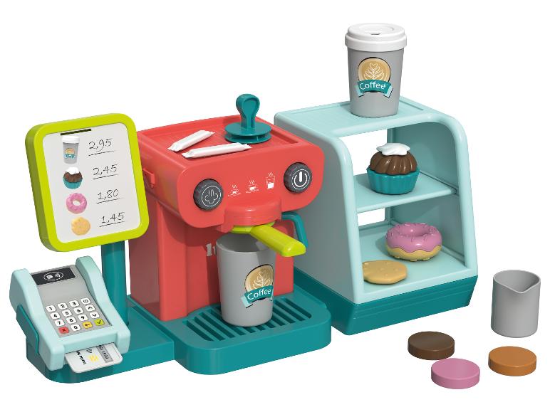 Ensemble de jeu café avec machine à café, caisse enregistreuse et douceurs.