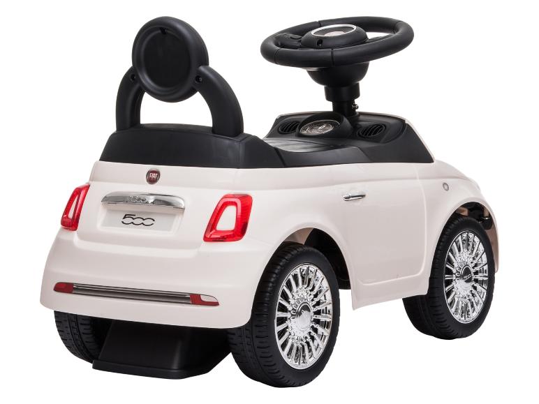 Voiture porteur blanche pour enfants avec volant et dossier noirs, vue de l'arrière.