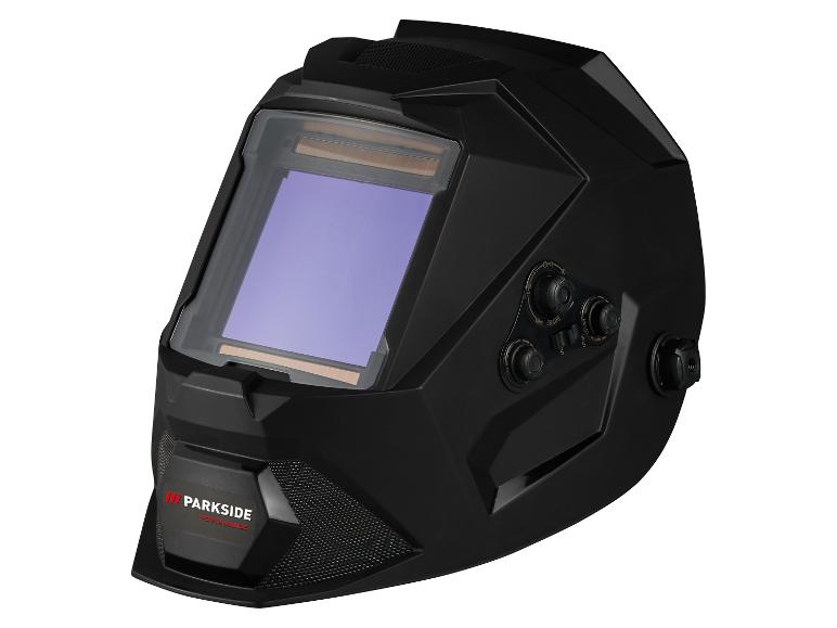 Casque de soudage automatique noir avec écran de protection violet et commandes latérales.