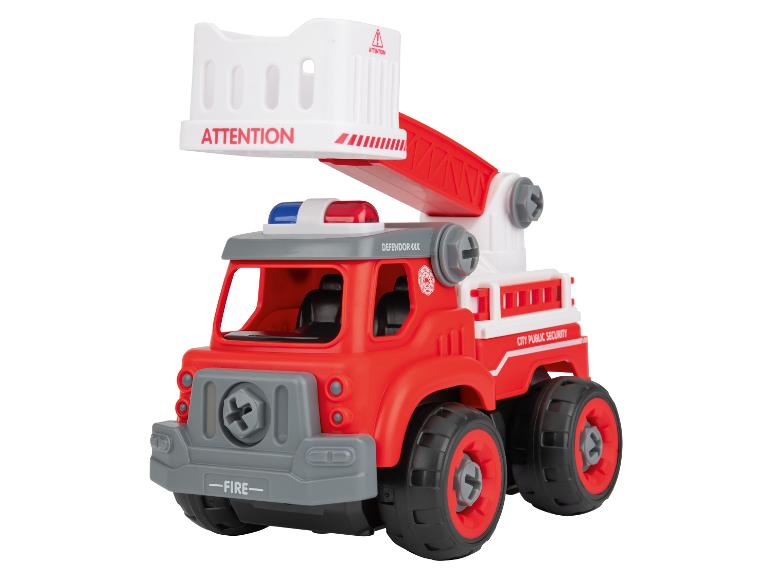 Un camion de pompiers rouge en plastique avec une échelle et l'inscription 'City Public Security'