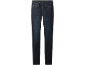 Donkerblauwe damesjeans met contrasterende stiksels en voorzakken.