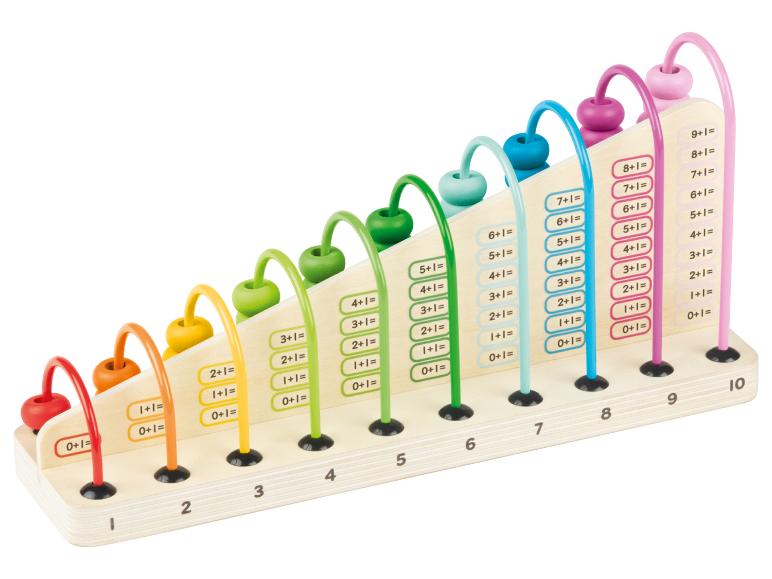 Un abaque en bois avec des perles colorées pour apprendre à additionner.