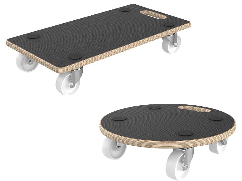 Chariots de transport en bois à roulettes, un rectangulaire et un rond.