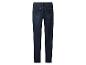 Jean skinny bleu foncé avec poches arrière et surpiqûres contrastées.