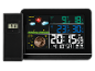 Digitale weerstation met buitensensor, toont temperatuur, luchtvochtigheid, voorspelling, maanfase en tijd.