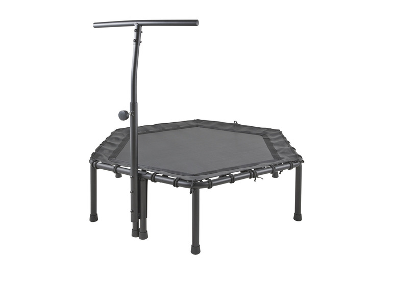 Een zwarte mini trampoline met handgreep.