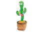 Pluche groene cactusspeelgoed met een lachend gezicht en kleurrijke bloemen in een bruine pot.
