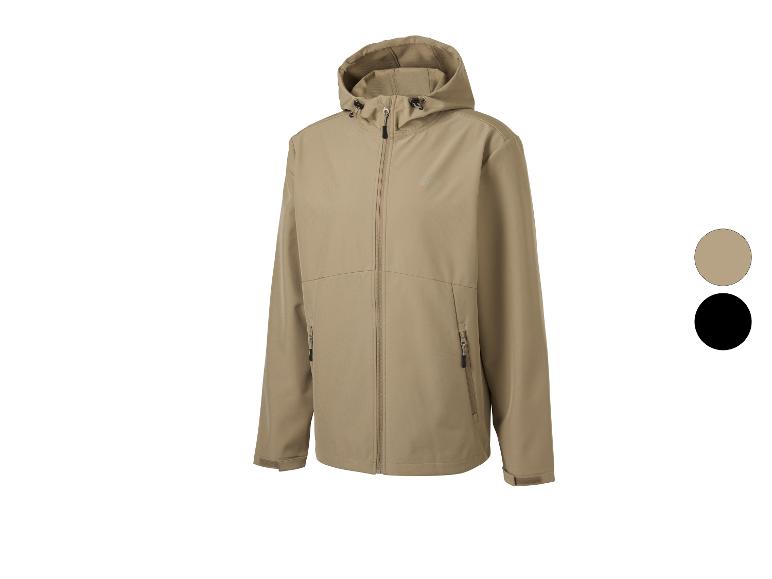 Beige herenjas met capuchon en rits, met zwarte en beige kleurstalen.
