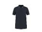 Donkerblauwe poloshirt met lichtblauwe gestreepte kraag en manchetten.