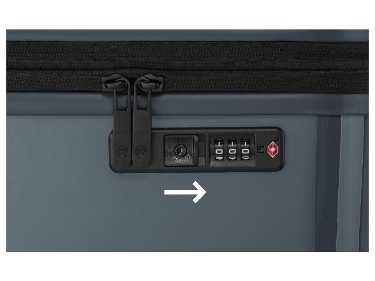 Een blauwe koffer met een TSA-slot en een ritssluiting.