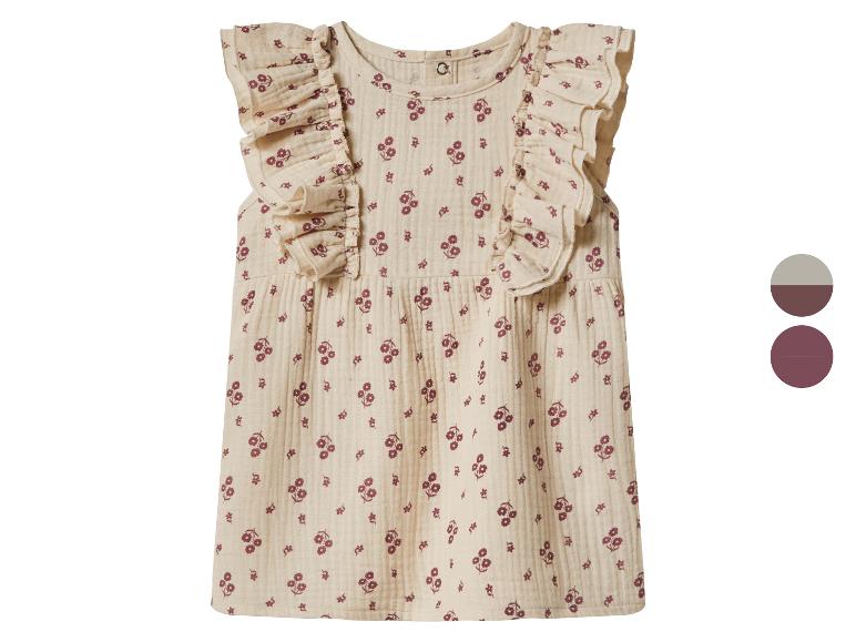 Bloemenjurk met ruches voor baby, beige met bordeauxrode bloemen.